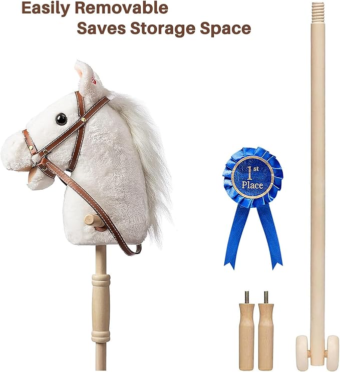 HollyHOME Stick Horse Plush with Detachable Blue Ribbon Champion Hobby Horse on Stick with Wood Wheels Real Pony Neighing and Galloping Sounds for Kids Toddlers White 36 Inches(AA Batteries Required)