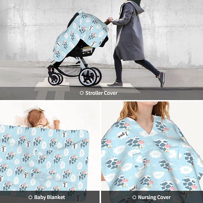 Personalized Cute Cow Milk Baby Car Seat Canopy for Babies with Name, Custom Car Seat Covers for Boys Girls, Peekaboo Opening Minky Nursing Breastfeeding Cover Infant Stroller Canopies for Newborn