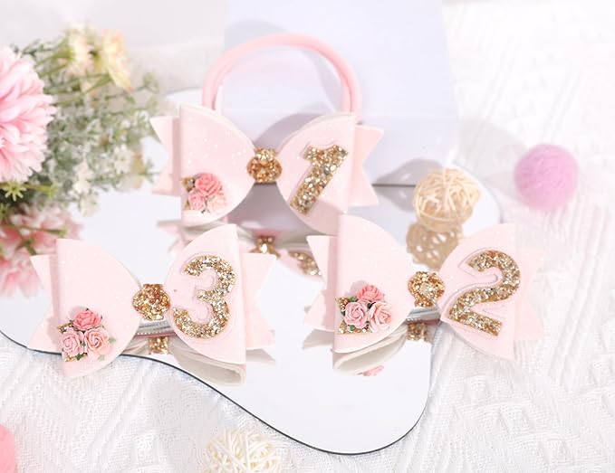 Birthday Girl bow for Baby Girls - 1st Birthday Pink Bow Headdress,Gold Glitter Birthday Bow Headband Flowers,Photo Props