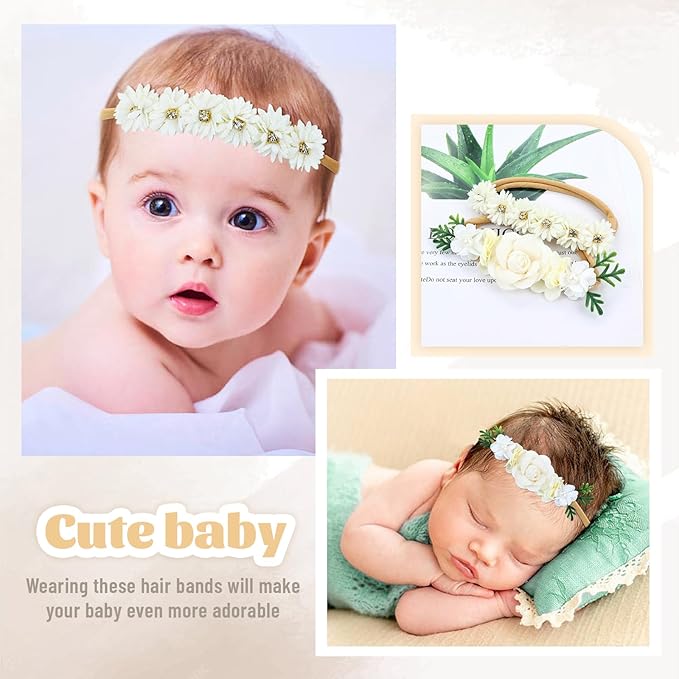 Dizila 6 Pieces Super Soft Stretchy White Ivory Baby Girl Flower Nylon Headbands Floral Hair Accessories for Newborns Infants Toddlers Girls Kids