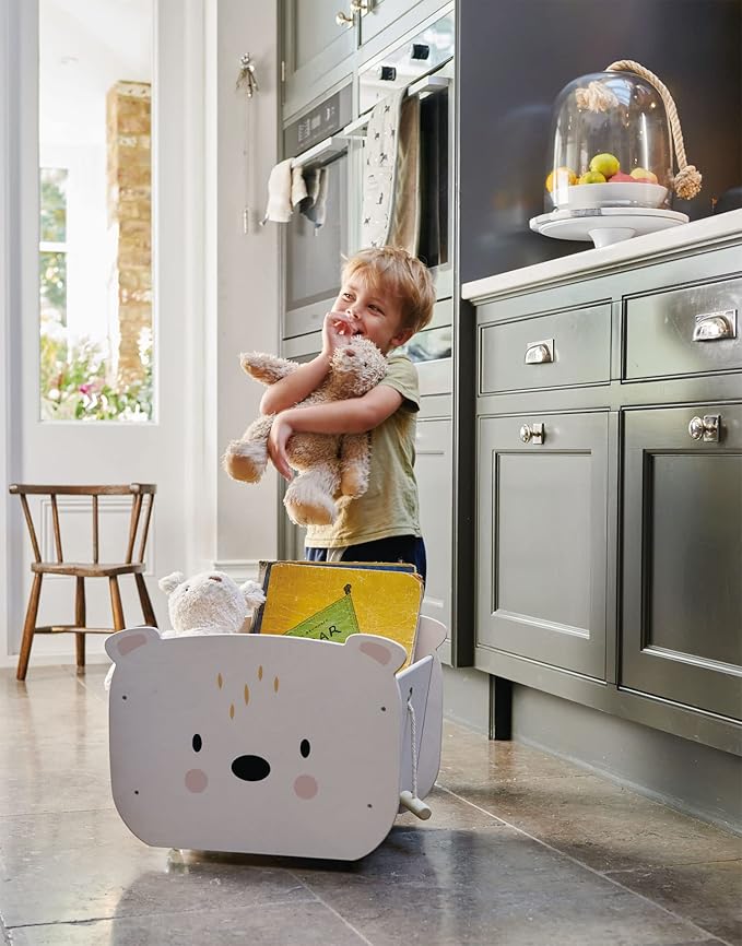 Tender Leaf Toys - Pull Along Bear Cart for Kids - Wooden Cart with Wheels for Moving Play Toys Books for Kids 3 Years+