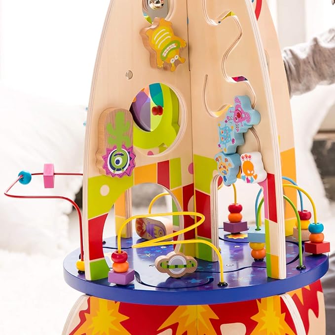 Classic World Wood Multi Activity Rocket Educational Toy for Toddlers with Bead Coaster Gear Game and Baby-Safe Mirror Eco-Friendly Wooden Activity Set Ideal for Ages 18 Months and Up