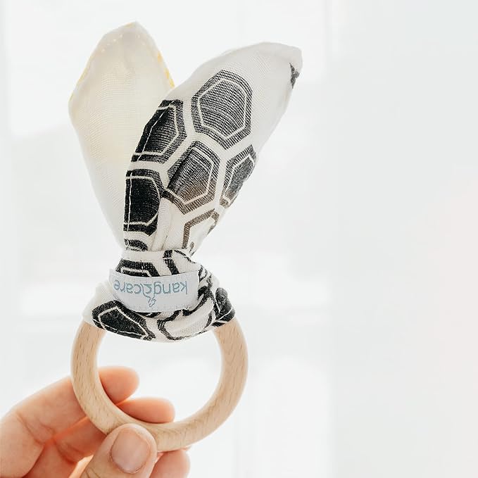Kanga Care Baby Soft Muslin Sensory Crinkle Bunny Ear Wood Teething Ring - Unity Bees