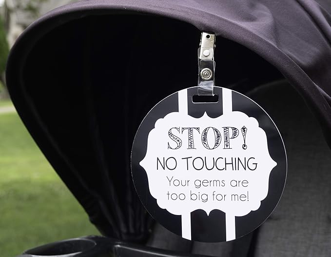 (Three Little Tots) No Touching Baby Car Seat and Stroller Two Pack- Baby Safety No Touching Car Seat Sign, Stroller Sign, Newborn Car Seat Tag- CPSIA Safety Tested (Eucalyptus/Black & White)