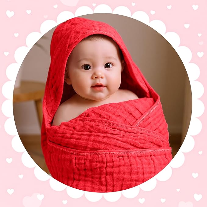 Peryiter 4 Pcs Muslin Hooded Baby Towels, 32"x 32" Cotton Newborn Bath Towel Muslin Infant Baby Blankets Absorbent Unisex Newborn Registry Gift Essentials for Girls Boys (Warm Colors)
