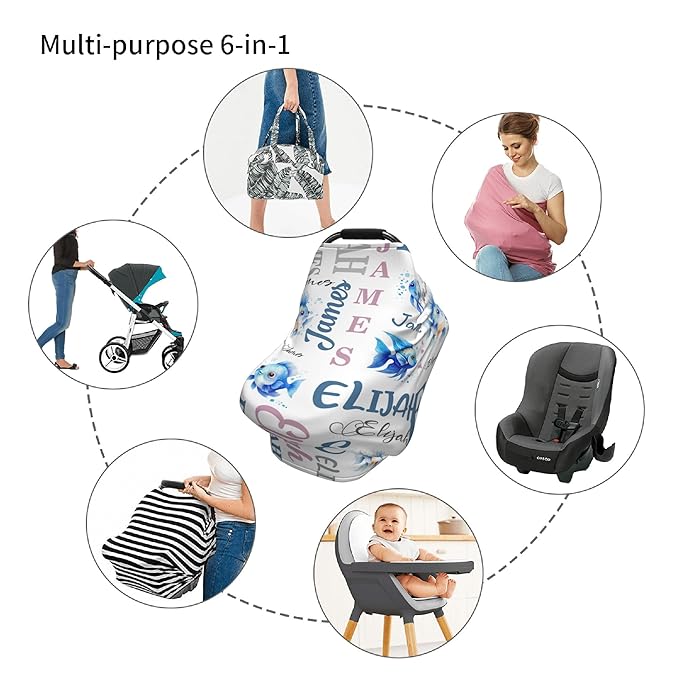 Personalized Baby Car Seat Cover with Name Stroller Canopy Custom Angelfish Carseat Cover Newborn Baby Boy Girl Nursing Cover for Moms First Birthday Gift