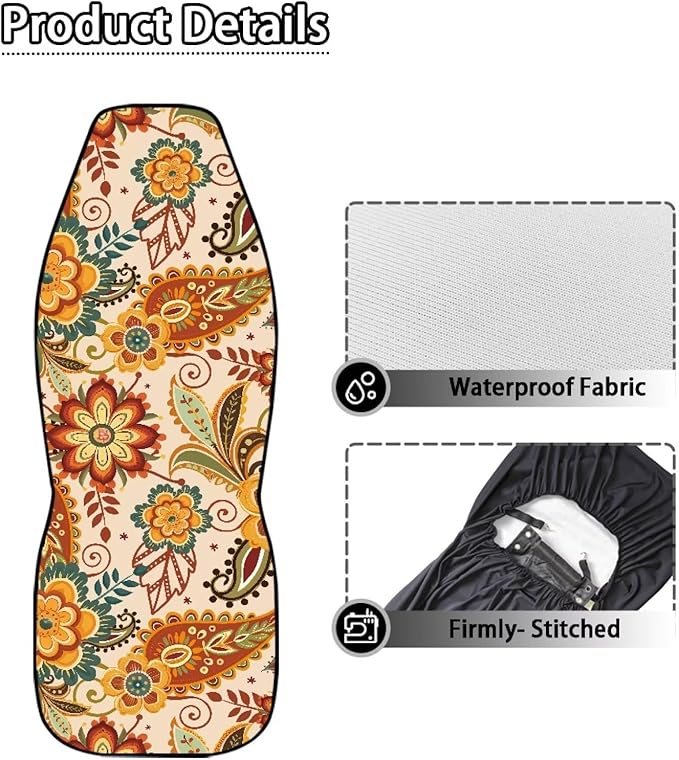 Boho Floral Car Seat Covers 2 Pcs Stretch Polyester Fabric Cover Waterproof Car Seat Cover Easy Installation Universal Size Fit for Most Cars SUVs Trucks Vans