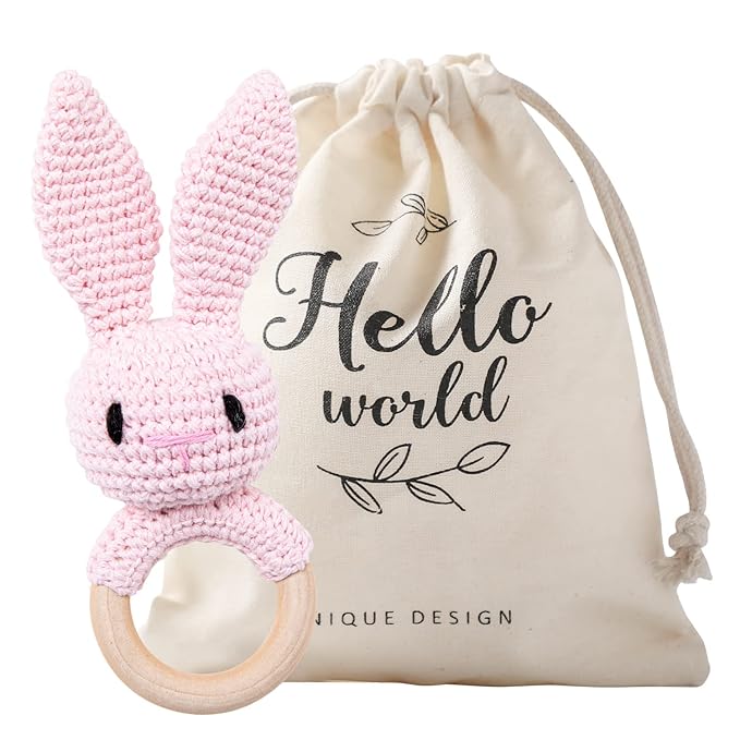 WOODEN TEETHER Crochet Baby Rattle, Crochet Baby Toys, Easter Bunny Rattle, Newborn Animal Rattle Toys,Knitted Stuffed Animals Gifts for Baby, Pink Bunny