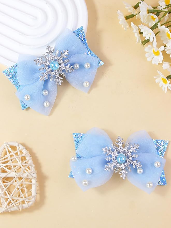 2PCS Baby Girl Dog Gift Wrap Hair Bow Clips Barrettes Blue Glitter Hair Bow Clips with Snowflake and Pearl Embellishments Assorted Hair Accessories Alligator Clip for Little Girls Toddler Kids Teens