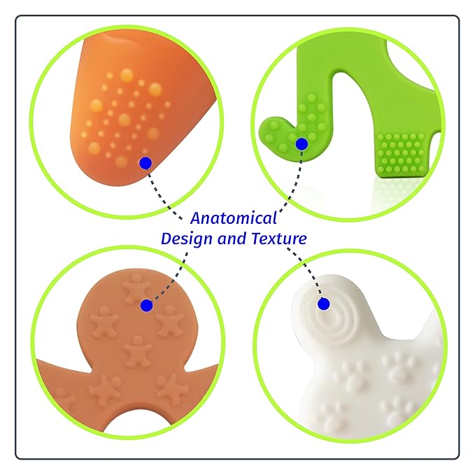Silicone Pacifier teether Toys for Babies 0-6 and 6-12 Months – Package of 4 Baby teethers - Pain Relief – Infants and Toddlers. Safer Than Plastic - Soft and Flexible - Easier to Clean