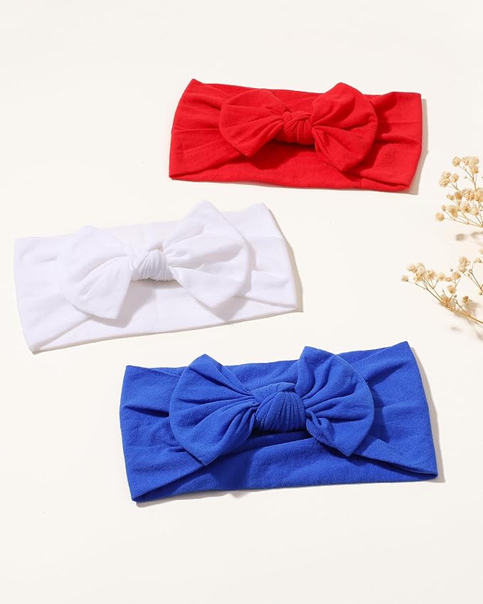 jollybows 3PCS Baby Nylon Headbands Hairbands Hair Bow Elastics for Baby Girls Newborn Infant Toddlers Kids (11-Red+White+Blue, 1 Count (Pack of 3))