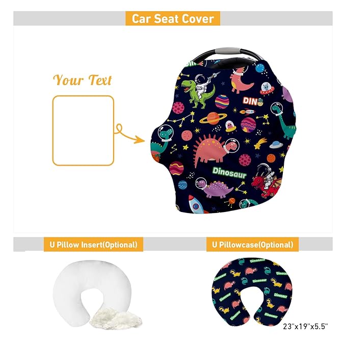 Personalised Car Seat Cover for Girls and Boys - 7 in 1 Deep Blue Dinosaur Print Multipurpose Breast Feeding Cover, Nursing Cover, Grocery Cart Cover - Birthday Gift for Babies(27"x29")