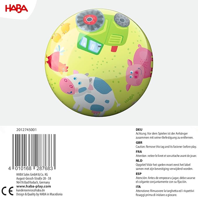 HABA Kids Farm Animals Ball - 22cm with Valve, Durable Plastic, Colourful Play Ball for Indoor & Outdoor Use 2 Years and Up - 2012745001