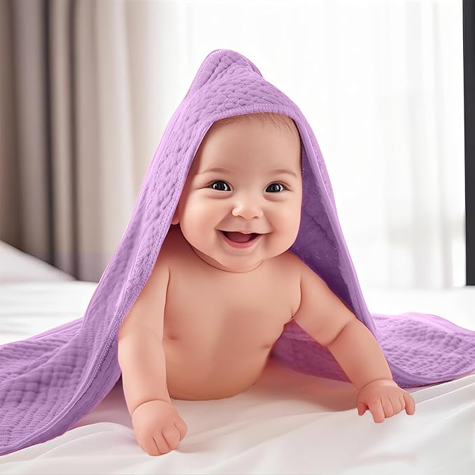 VitalCozy 12 Pcs Baby Muslin Hooded Bath Towels and Washcloths, Muslin Hooded Baby Towels Absorbent Blankets for Gift Newborn Infant Shower (Purple Series)