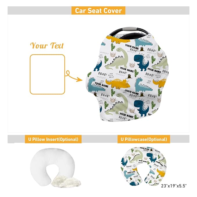 Personalised Car Seat Cover for Girls and Boys - 7 in 1 Multipurpose Breast Feeding Cover, Yellow Dinosaur Print Nursing Cover, Grocery Cart Cover - Birthday Gift for Babies(27"x29")