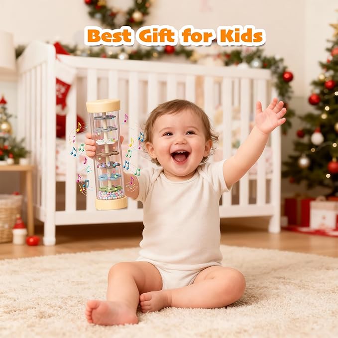 Rain Stick Baby Toy, Montessori Baby Toys for 6–12 Months & 1 Year Old, Wooden Sensory Baby Rattle with Rainmaker Sound, Gentle Shake Volume Control & Extended Play Time – Infant Musical Toy
