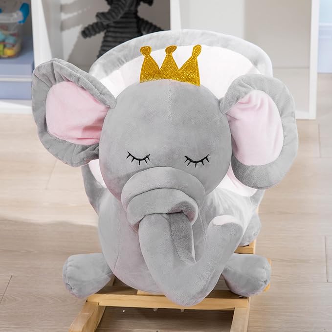 Qaba Baby Rocking Horse Elephant Rocking Chair Toddler Rocker Toy with Sound Wooden Base Seat Safety Belt for 1.5-3 Year Old, Gray