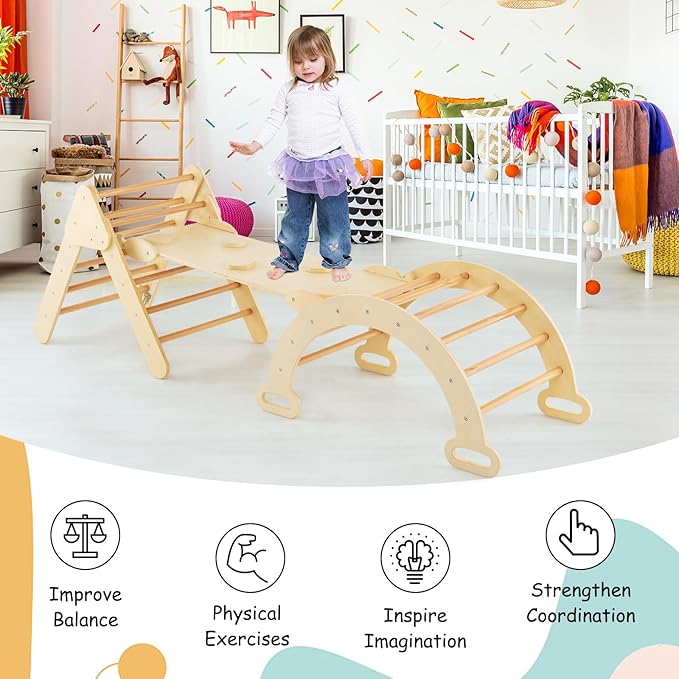 Olakids Pikler Triangle Set 7 in 1 Climbing Toys for Toddlers 1-3 Inside Foldable Wood Montessori Jungle Gym with Ramp Slide Arch Rocker Ladder Indoor Kids Activity Playground Baby Climber