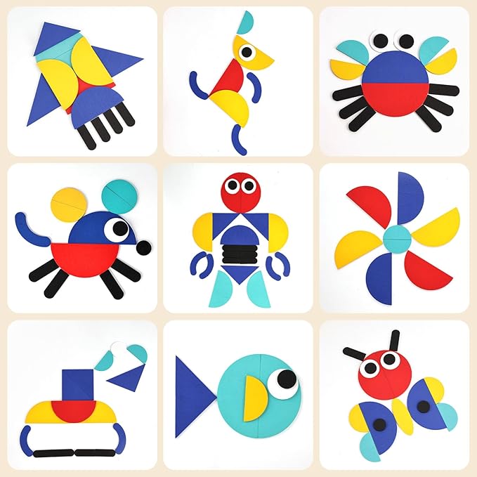LovesTown Wooden Pattern Blocks Montessori Toys for Toddler Kids Open Ended Shape Puzzles Educational Tangram Preschool Learning Toy with 60 Cards 36 PCS