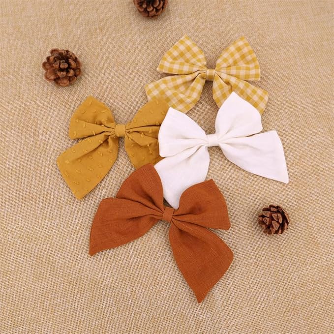 4 PCS Sailor Bow Hair Clips for Kids Girls Women Linen cotton Hair Bow Alligator Clips Baby Toddler Girl Mom Hair Accessories (Gold Autumn)