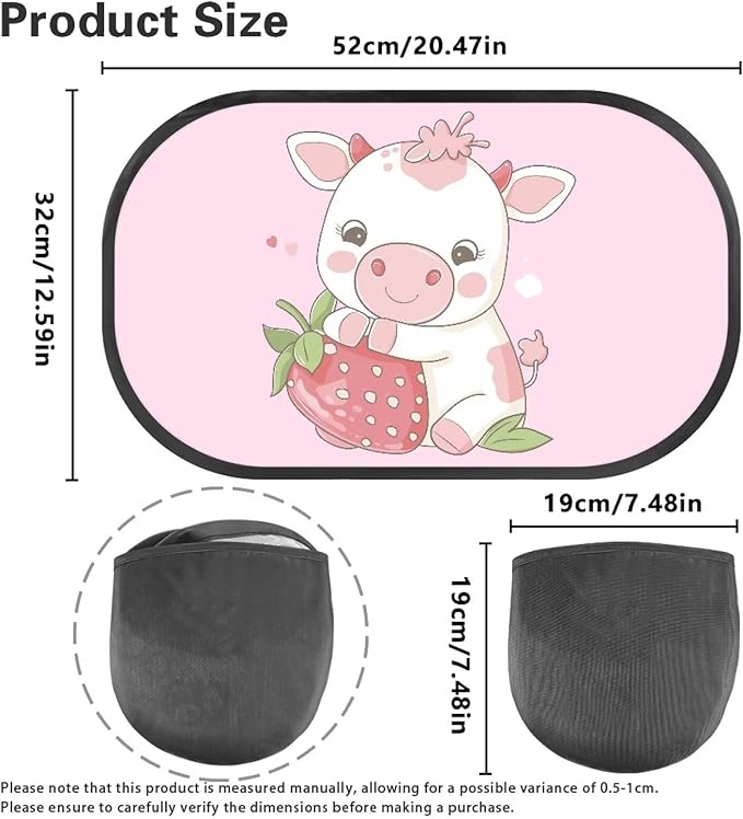 Bulopur Strawberry Cow 2 PCS Car Shades Back Windows Baby Easy to Install Car Window Shade Baby Car Seat Sun Protection Cute Design Universal Fit Mesh Car Window Shades