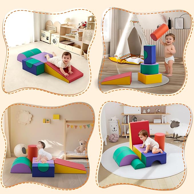 Toddler Climbing Toys Indoor, 5-Piece Foam Baby Climbing Blocks, Soft Play Climbing Set for 1-3 Years Old, Modular Crawling & Sliding Equipment, Waterproof Easy to Clean (red)