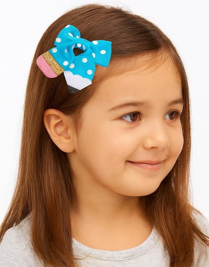 YKW Blue Polka Dot Pencil Hair Bow Clip for Girls - Cute School Themed Grosgrain Ribbon Accessory with Secure Metal Fastener - First Day Teacher Gift - 3.9 Inch