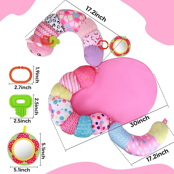 2 in 1 Baby Tummy Time Mat & Support Seated Pillow Infant Newborn Toys 0 1 2 3 4 5 6 Months Pink Caterpillar Sensory Developmental Playmat 0-6 3-6 12 Month Mirror Babies Girls Shower Easter Gifts
