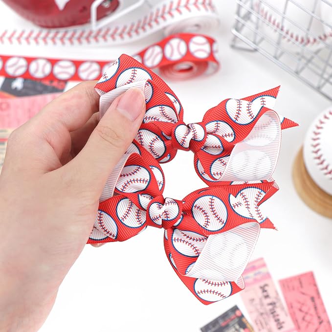 YanJie 2pcs 4'' Baseball Red Bow for Baby Girl Hair Clips Softball Grosgrain Ribbon Hair Accessories Alligator Clips for Toddler Teen Girls