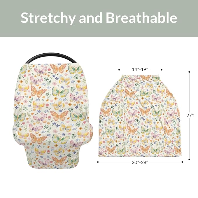 Watercolor Butterflies Spring Floral Baby Car Seat Covers Pastel Flowers Leaves Stretchy 5-in-1 Cover Adjustable Infant Carseat Canopy Cover Easter Garden Breathable Nursing Cover-Up Yellow