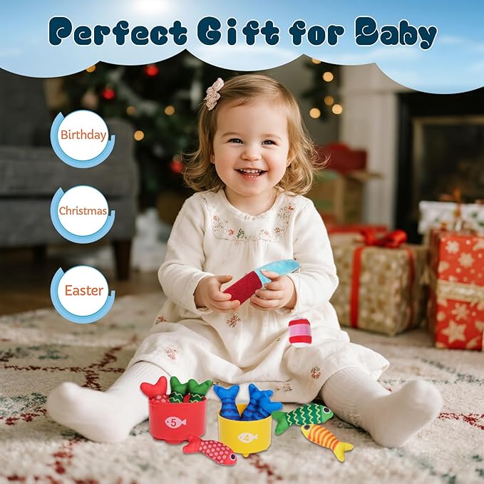TenFans Montessori Fishing Toy for Babies 6-18 Months, Soft Cloth Ocean Sensory Toy with Stacking Cups & Color Sorting, Early Learning Toy, First Birthday Gift for Boys Girls