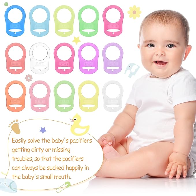 Patelai 15 Pieces Soft Silicone Baby Pacifier Clips Holders Silicone Adapter Rings Holder Baby Nipple Rings Dummy Nipple Holder for Pacifiers(Assorted Colors)
