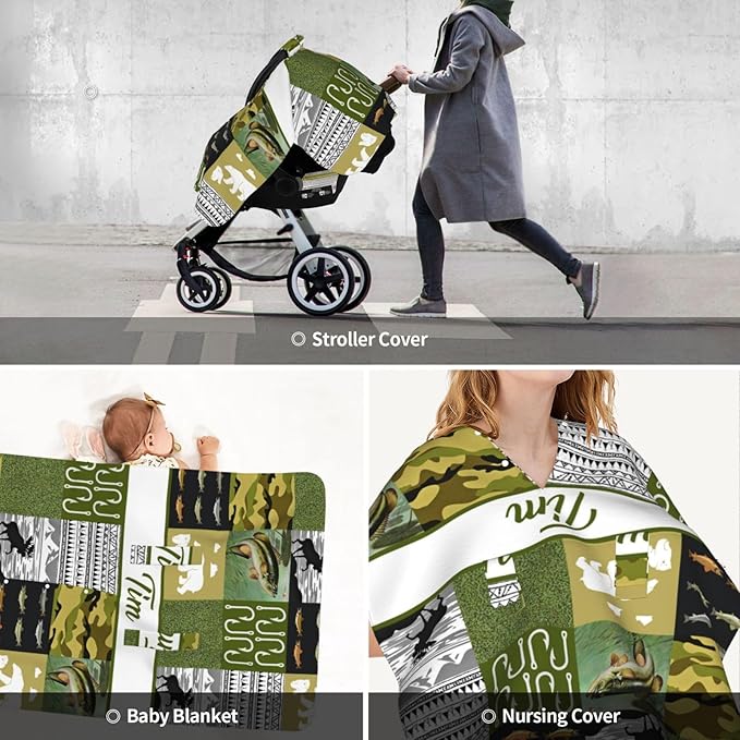 Personalized Baby Car Seat Canopy for Babies with Name, Custom Hunting Theme Car Seat Covers for Boys Girls, Opening Minky Nursing Breastfeeding Stroller Cover Carseat Canopies for Infant Newborn