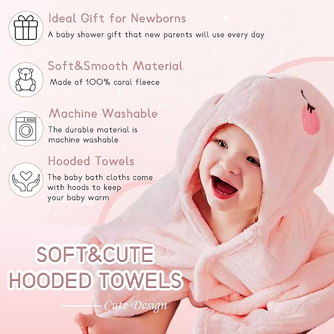 2 Pack Hooded Towels for Toddlers - Thick 55" x 27.5" Baby Bath Towel Set for Girls and Boys - Super Absorbent, Age 1-5, Elephant & Rabbit