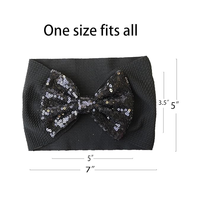 Black Sequin Bow Baby Headbands, White Big Bows for Baby Girls Hair Bow Baby Girl Elastic Wide Hairbands for Baby Girls Newborn and Infant Hair Accessories Unisex-Babies Gift