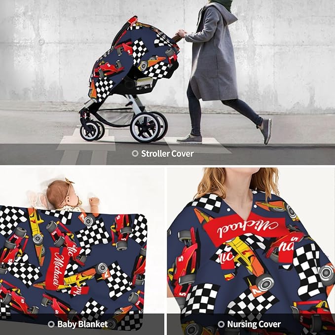 Custom Baby Car Seat Canopy for Babies with Name, Personalized Racing Baby Car Seats Covers for Boys, Opening Minky Nursing Breastfeeding Stroller Cover Infant Carseat Canopies for Newborn