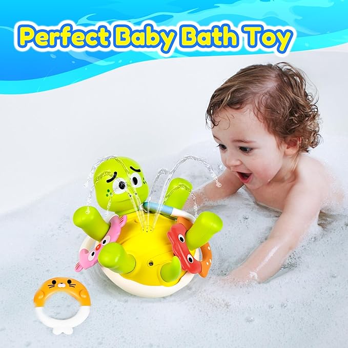 Baby Bath Toy Sprinkler, Rechargeable Turtle Bath Toys for Kids Toddlers Ages 1-3 2-4 with 5 Rings, Mold Free Bath Pool Water Spray Toys for Babies Toddlers 1-3-5, Great Birthday Gifts for Kids