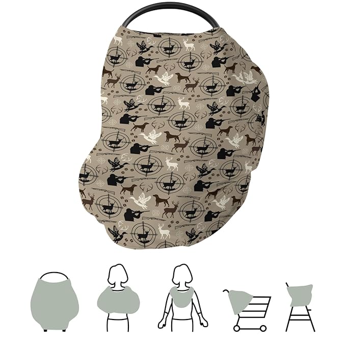 Brown Hunting Deer Hunting Duck Baby Car Seat Covers Dog Hunter Stretchy 5-in-1 Cover Hunting Animals Lover Gift Adjustable Infant Carseat Canopy Cover Elk Duck Hunter Breathable Nursing Cover-Up