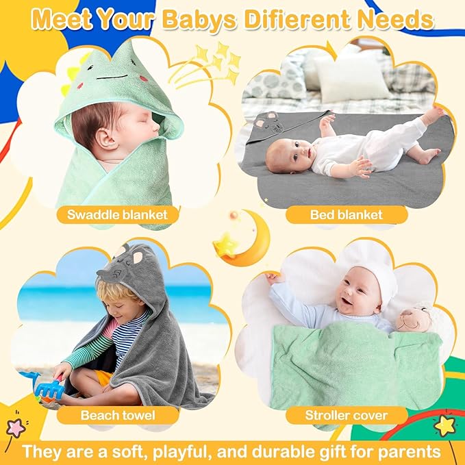 Flasoo 12 Pcs Baby Towel Set, Soft Baby Bath Towels and Washcloths Set, 2 Pcs Hooded Baby Towel, 2 Pcs Baby Burp Cloths and 8 Pcs Baby Washcloths for Infants, Toddlers and Kids (Dinosaurs & Elephants)