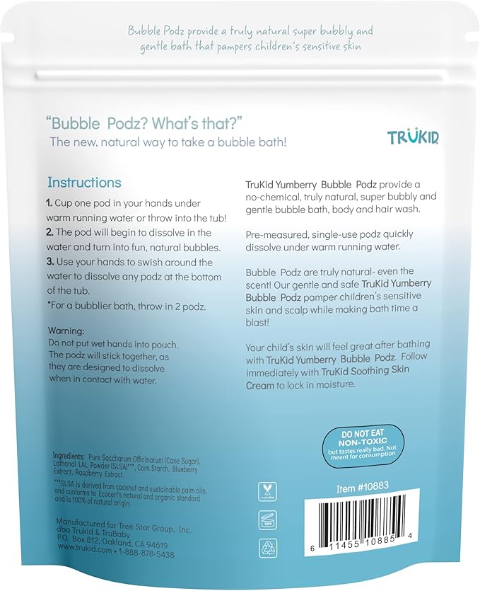 TruKid Bubble Podz Bubble Bath for Kids, Toddlers, & Babies, Tear Free Gentle & Refreshing Bath Bomb for Sensitive Skin with Natural Moisturizers, Non-Toxic, pH Balanced, Yumberry Scent (60 Podz)
