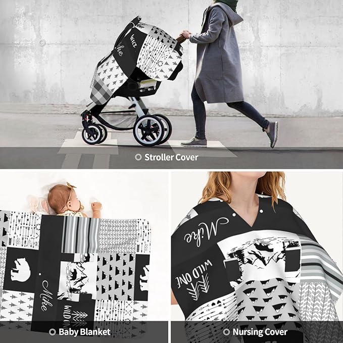 Personalized Woodland Theme Baby Car Seat Canopy for Babies with Name, Custom Bear Baby Car Seat Covers for Boys Girls, Opening Minky Nursing Breastfeeding Cover Infant Carseat Canopies for Newborn