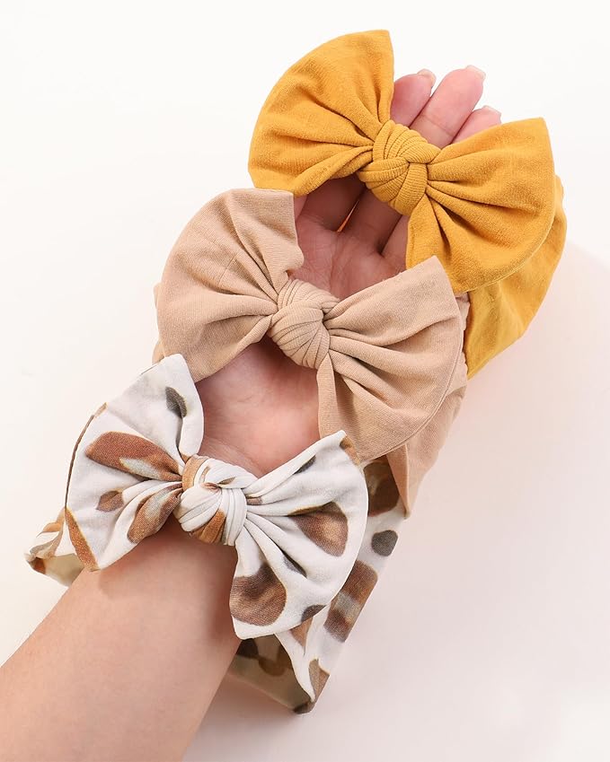 jollybows 3PCS Baby Nylon Headbands Hairbands Hair Bow Elastics for Baby Girls Newborn Infant Toddlers Kids (6-Khaki+Mustard+Leopard, 1 Count (Pack of 3))