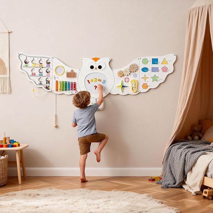 HONEY JOY Owl Activity Wall Busy Board Panels, Wooden Sensory Wall Panel for Kids, Toddler Learning Activity Center, Ideal for Playroom Daycare Nursery Classroom Dentist Office (White)