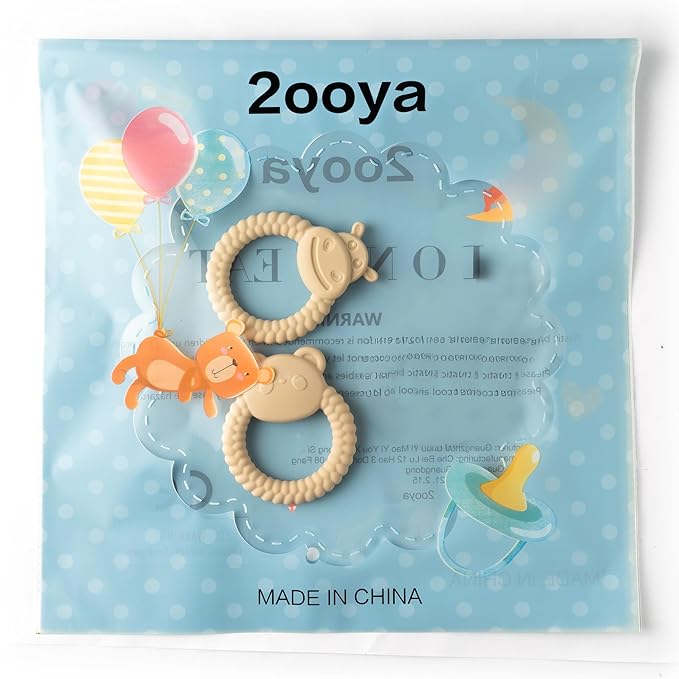 Silicone Teething Toy for Babies - 2ooya 2Pcs Bear Animal Theme Teething Ring Relief Chew Toy Infant Sore Gums Pain Soft Food Grade Silicone Teethers for Toddler 6-12 Months Birthday Baby Shower
