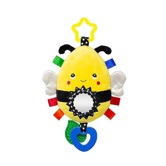 Squish 'N Play Bee Activity Toy - Multi-Sensory Learning Baby Toy - Stroller, Car Seat, Tummy Time, Teether - Baby Gift with Mirror, Rattle & Taggies