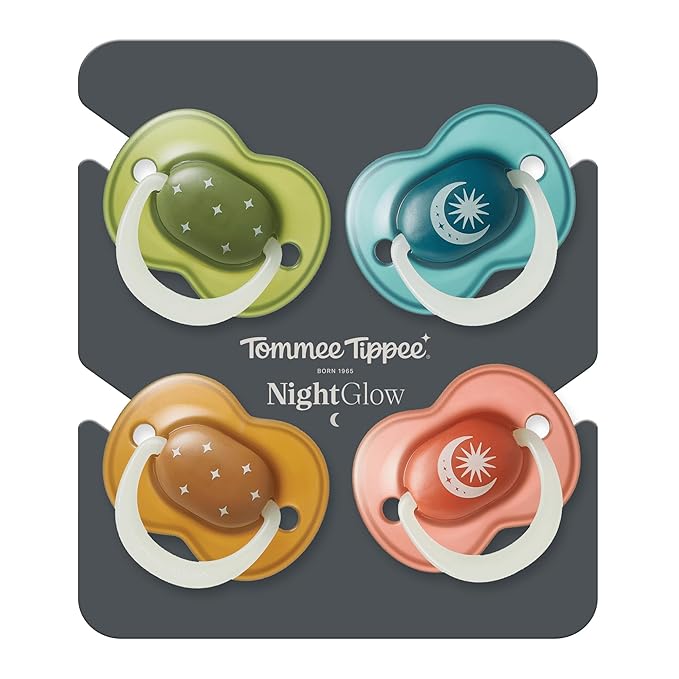Tommee Tippee NightGlow Pacifiers, 18-36 Months, Glow in the Dark, Symmetrical Nipple, 100% BPA Free Silicone, Dishwasher and Sterilizer Safe, Twilight Tones, Pack of 4