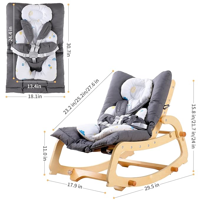 MallBest 3-in-1 Baby Rocker Chair with Double Cushions, for 0-12 Months, Adjustable Wooden Infant Rocker with Removable Cushion and 5-Point Harness for Infant to Toddler(Grey)