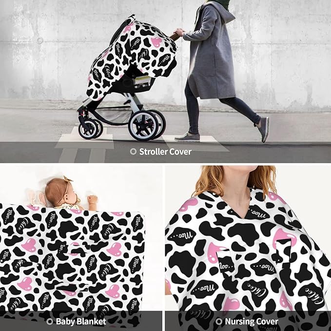 Personalized Cow Print Baby Infant Car Seats Canopy for Babies with Name, Custom Love Heart Lightweight Covers for Baby Boys Girls, Minky Nursing Breastfeeding Stroller Canopies for Newborn