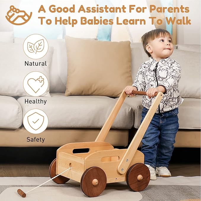 Woodtoe Wooden Baby Walker, Adjustable Speed Baby Push Walker, Montessori Push Toys for Babies Learning to Walk, Educational Walking Toys Gift for Toddler Boys Girls 1 2 3 Years Old