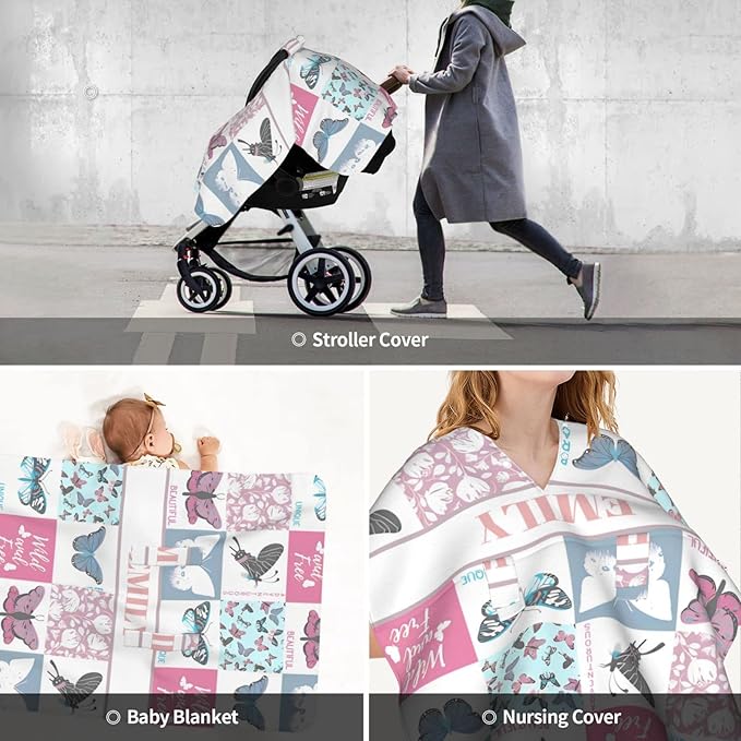 Personalized Baby Car Seat Canopy for Babies with Name, Custom Car Seat Covers for Girls, Infant Opening Minky Nursing Breastfeeding Stroller Cover Carseat Canopies for Newborn (Beautiful Butterfly)